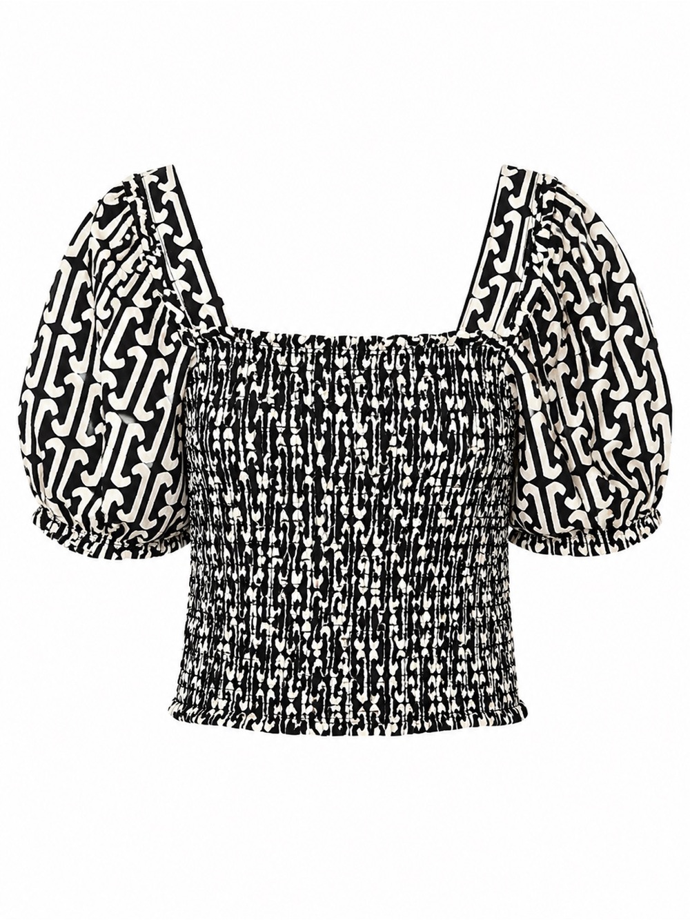 Monteau Los Angeles Smocked Puff Sleeve Crop Top Black & White Geometric XL